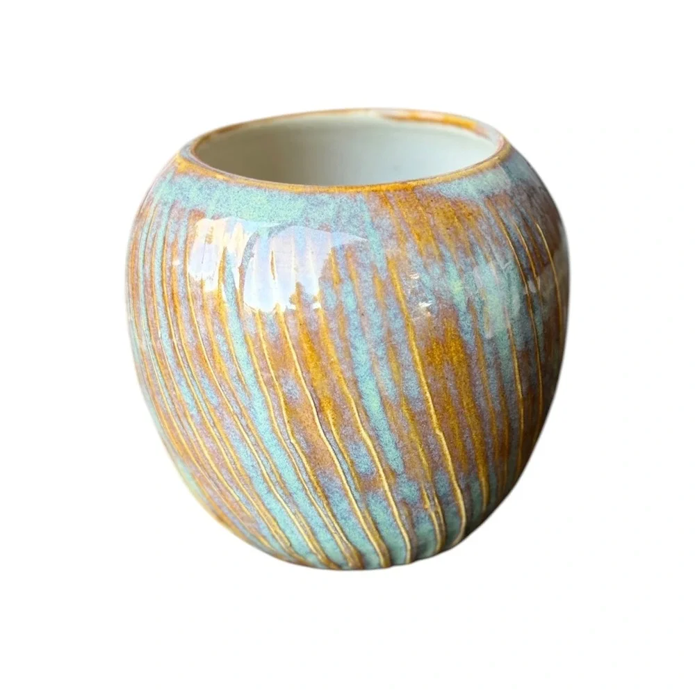 Handmade Studio Pottery Planter Vase Teal Amber Reactive Glaze Ribbed Pottery